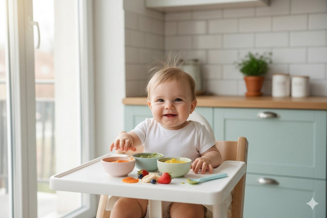 bebe souriant chaise haute diversification alimentaire