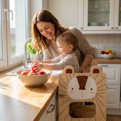 bébé cuisine avec maman dans tour d'apprentissage