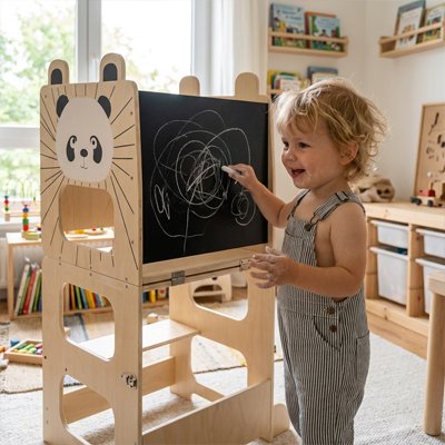 bébé dessine sur tableau noir tour d'apprentissage 