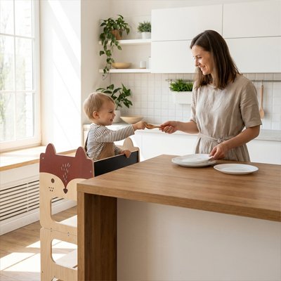 maman et bébé dans cuisine avec tour d'apprentissage